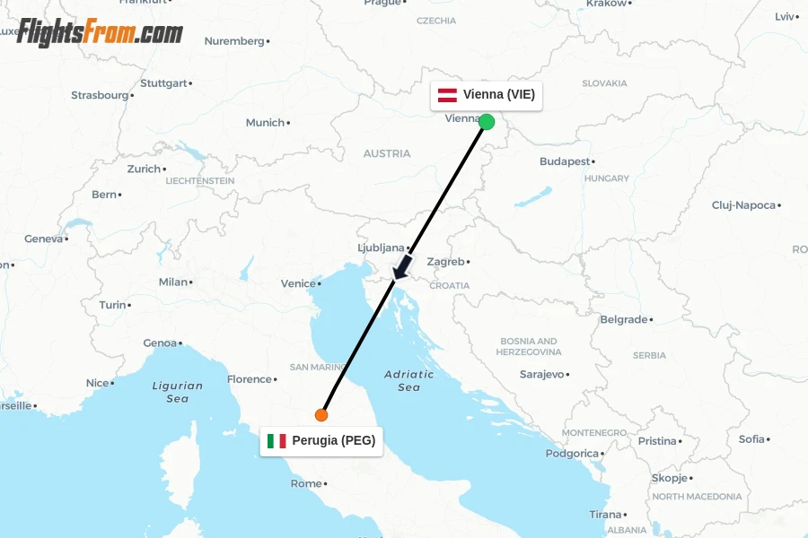Flights from Vienna to Perugia route map