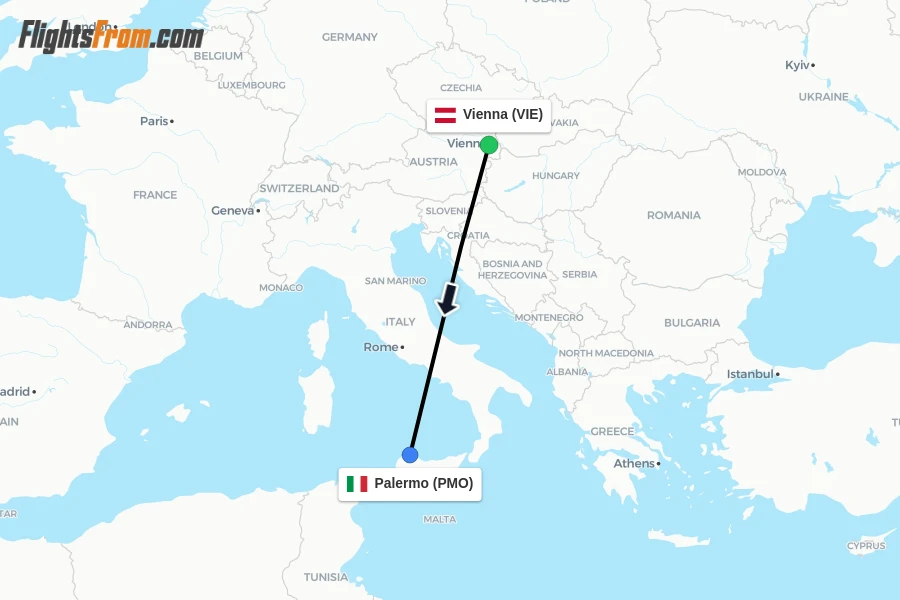 Flights from Vienna to Palermo route map