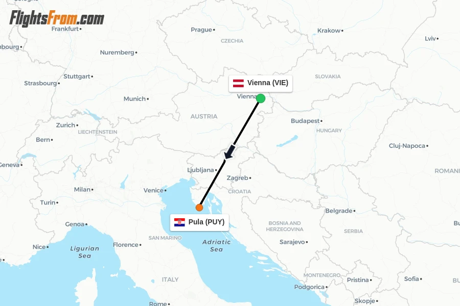Flights from Vienna to Pula route map