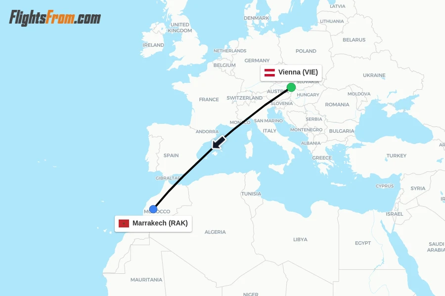 Flights from Vienna to Marrakech route map