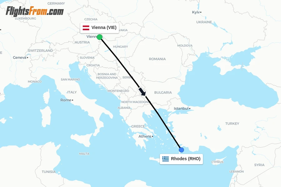 Flights from Vienna to Rhodes route map