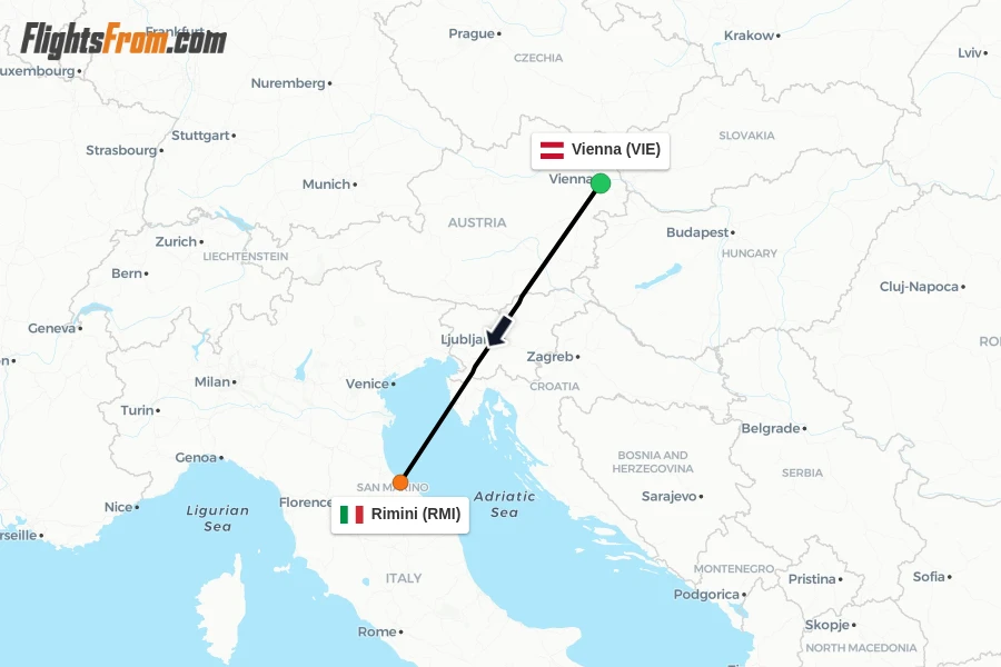 Flights from Vienna to Rimini route map