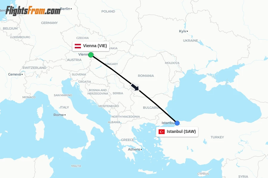 Flights from Vienna to Istanbul route map