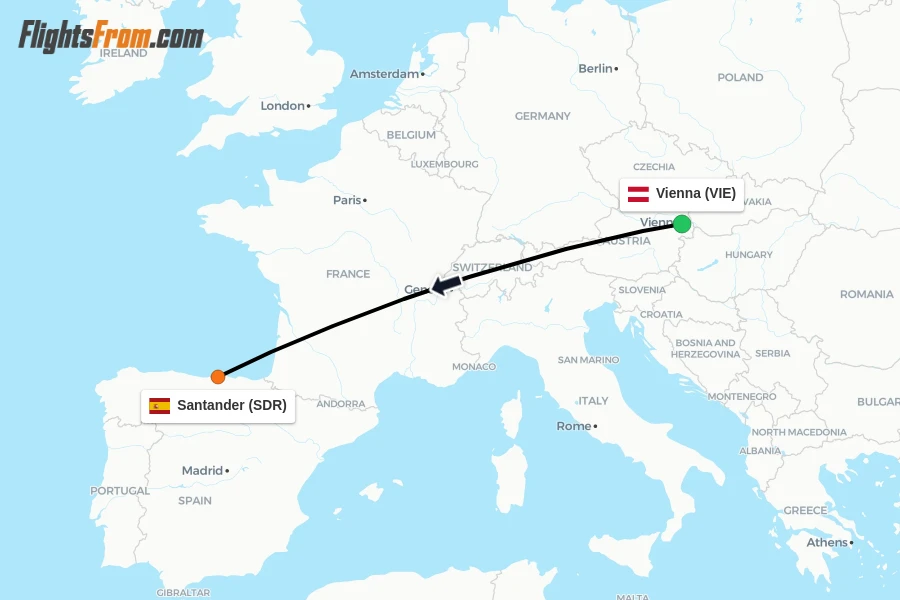 Flights from Vienna to Santander route map