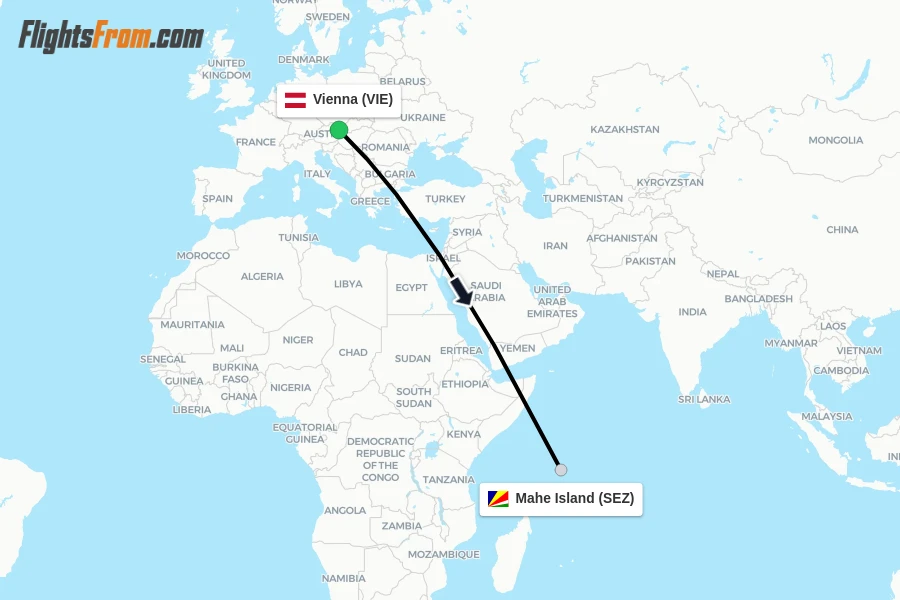 Flights from Vienna to Mahe Island route map