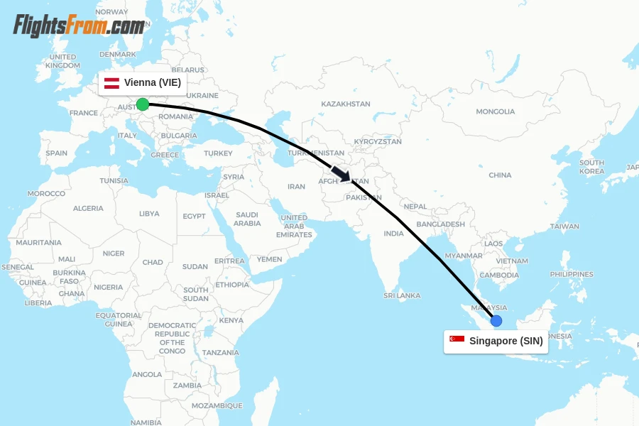 Flights from Vienna to Singapore route map