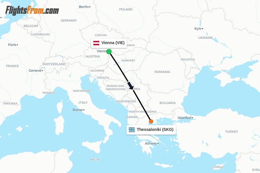 Flights from Vienna to Thessaloniki route map
