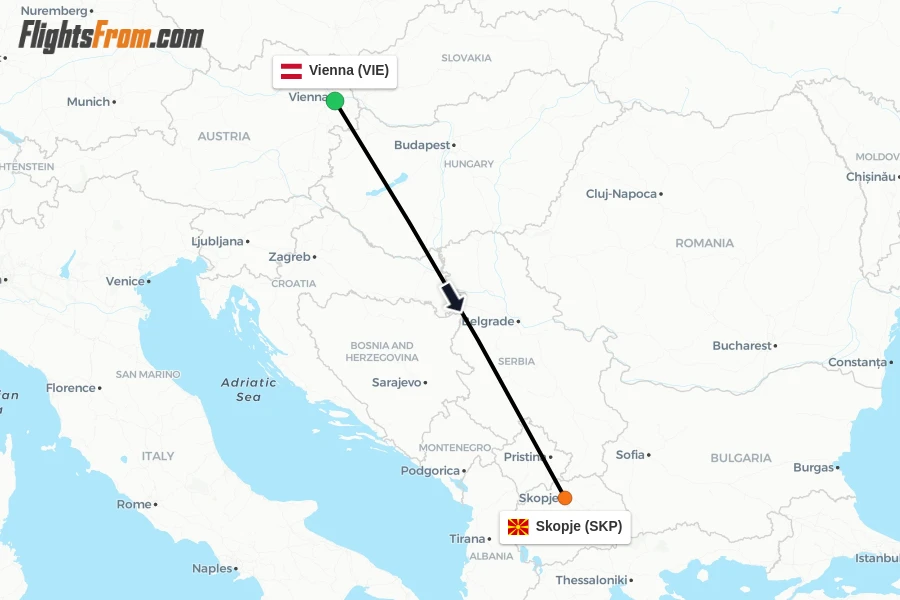 Flights from Vienna to Skopje route map
