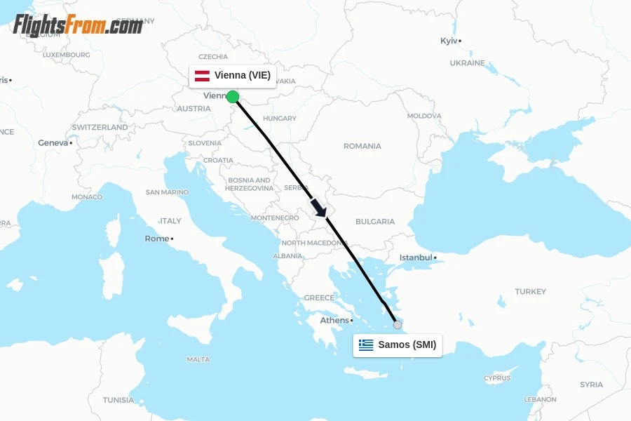 Flights from Vienna to Samos route map