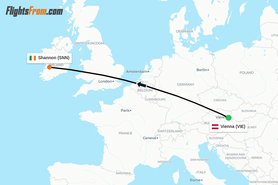 Flights from Vienna to Shannon route map