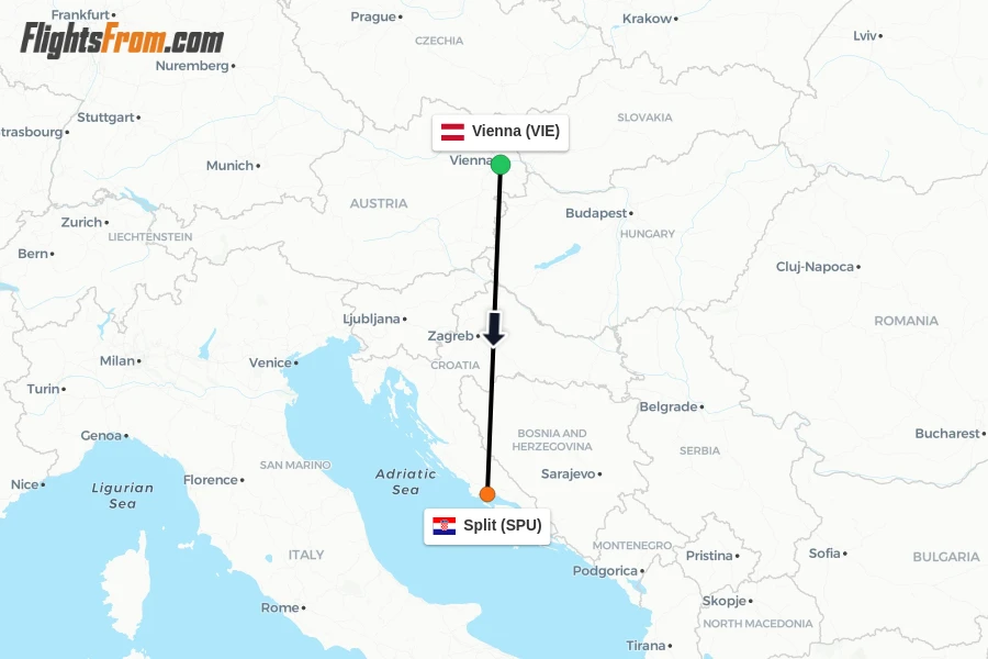 Flights from Vienna to Split route map