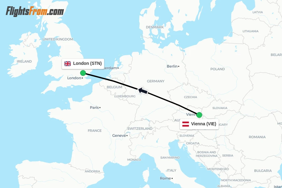 Flights from Vienna to London route map