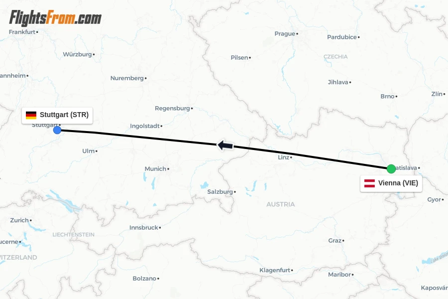 Flights from Vienna to Stuttgart route map