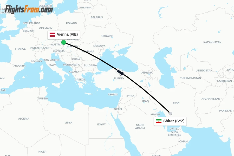 Flights from Vienna to Shiraz route map