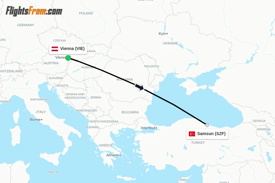 Flights from Vienna to Samsun route map