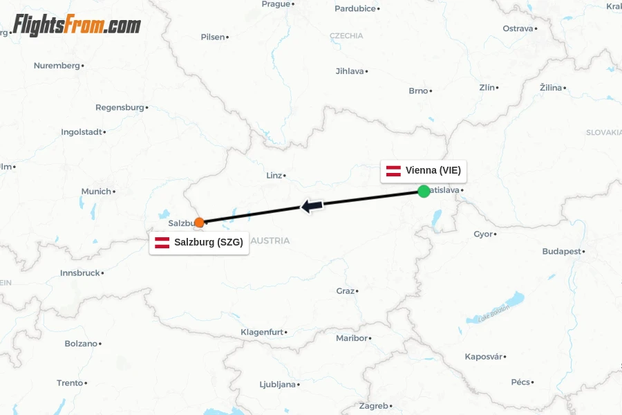 Flights from Vienna to Salzburg route map