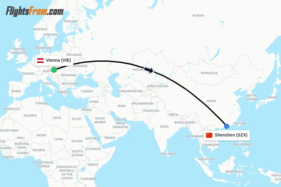 Flights from Vienna to Shenzhen route map