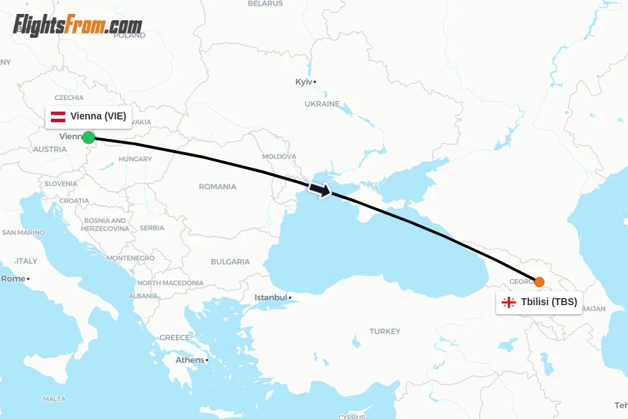 Flights from Vienna to Tbilisi route map