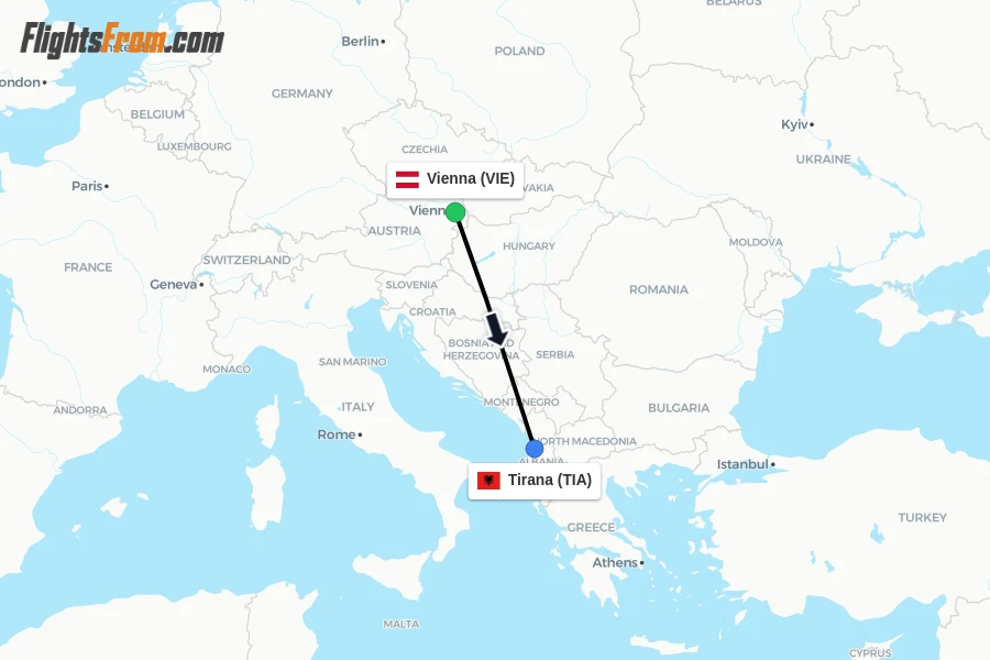 Flights from Vienna to Tirana route map
