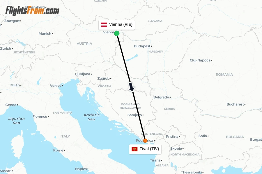Flights from Vienna to Tivat route map