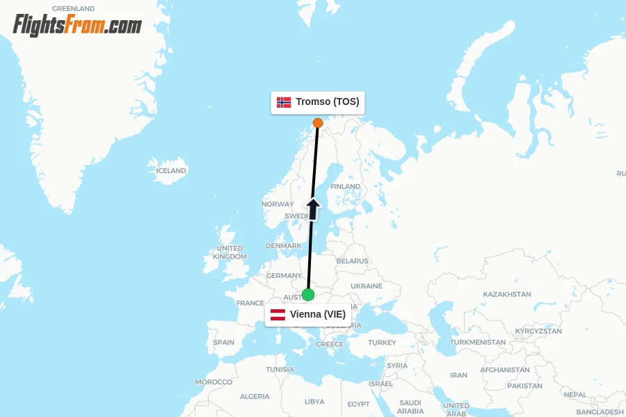 Flights from Vienna to Tromso route map