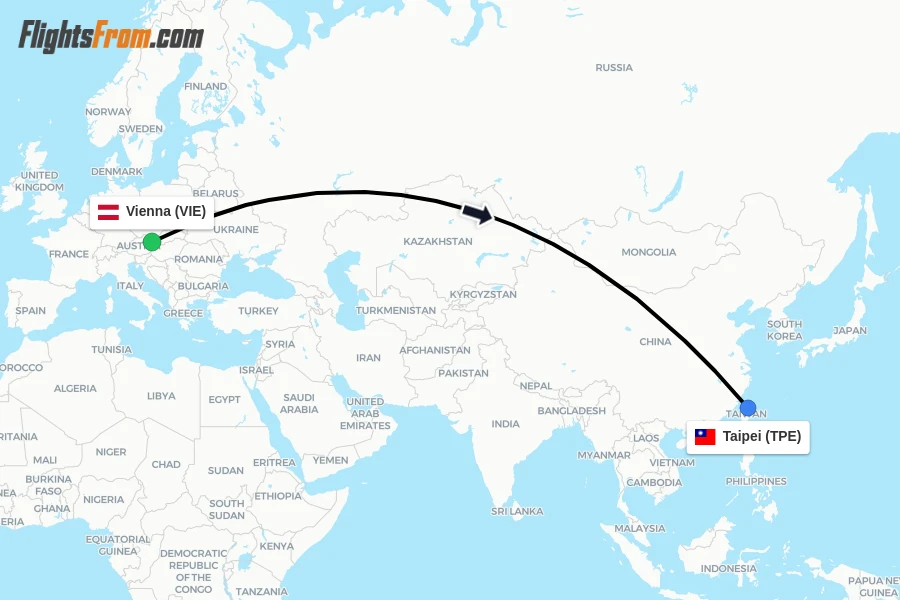 Flights from Vienna to Taipei route map