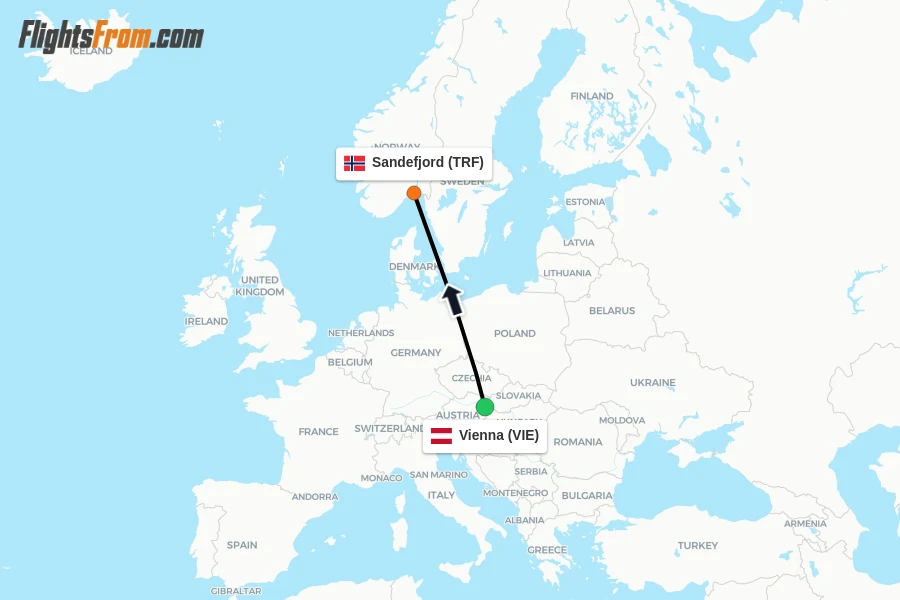 Flights from Vienna to Sandefjord route map