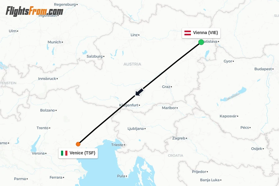 Flights from Vienna to Venice route map