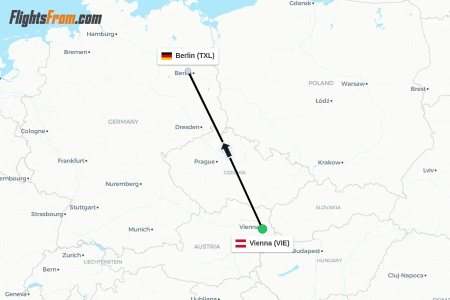 Flights from Vienna to Berlin route map