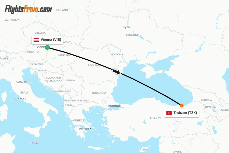 Flights from Vienna to Trabzon route map
