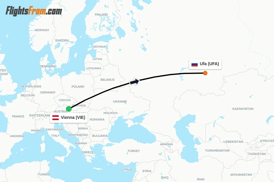 Flights from Vienna to Ufa route map