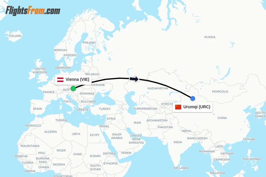 Flights from Vienna to Urumqi route map