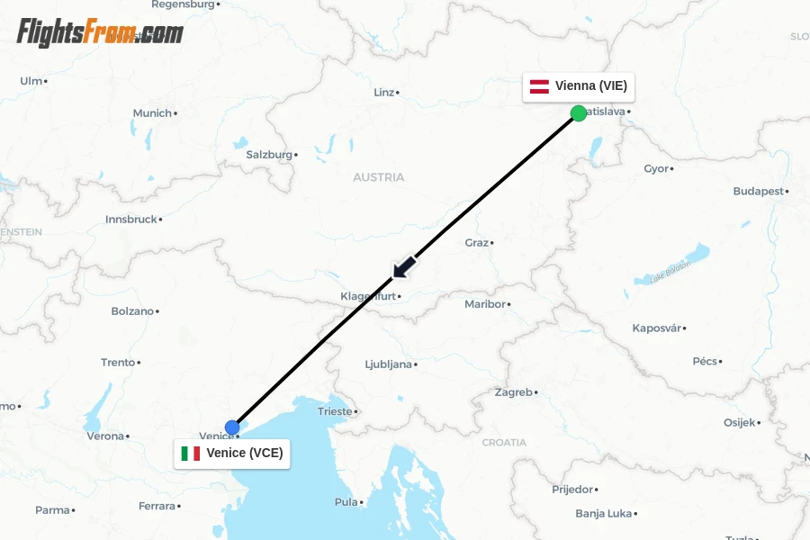 Flights from Vienna to Venice route map