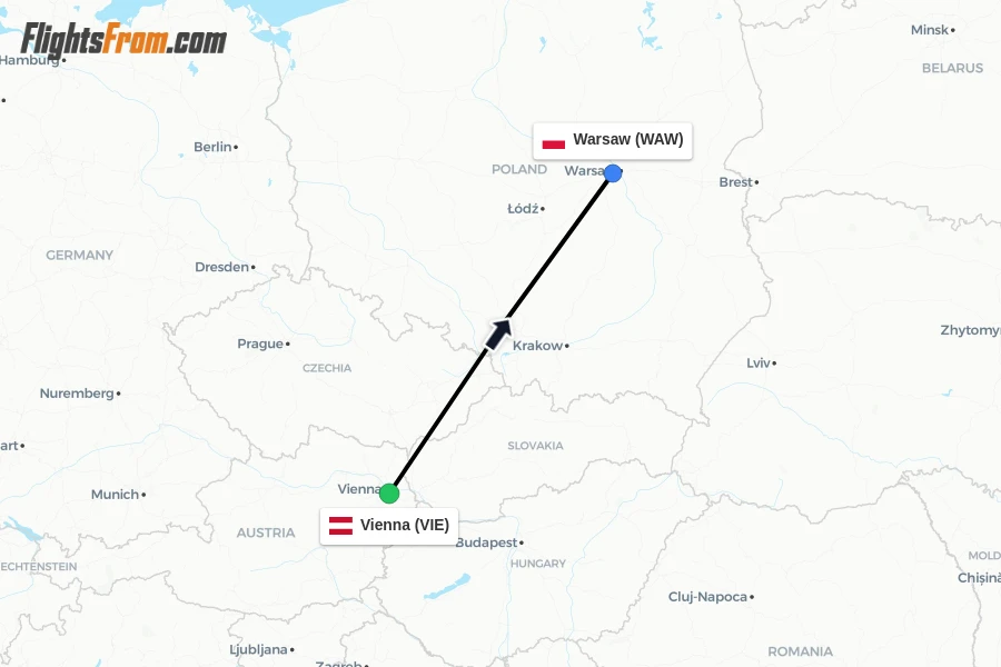 Flights from Vienna to Warsaw route map
