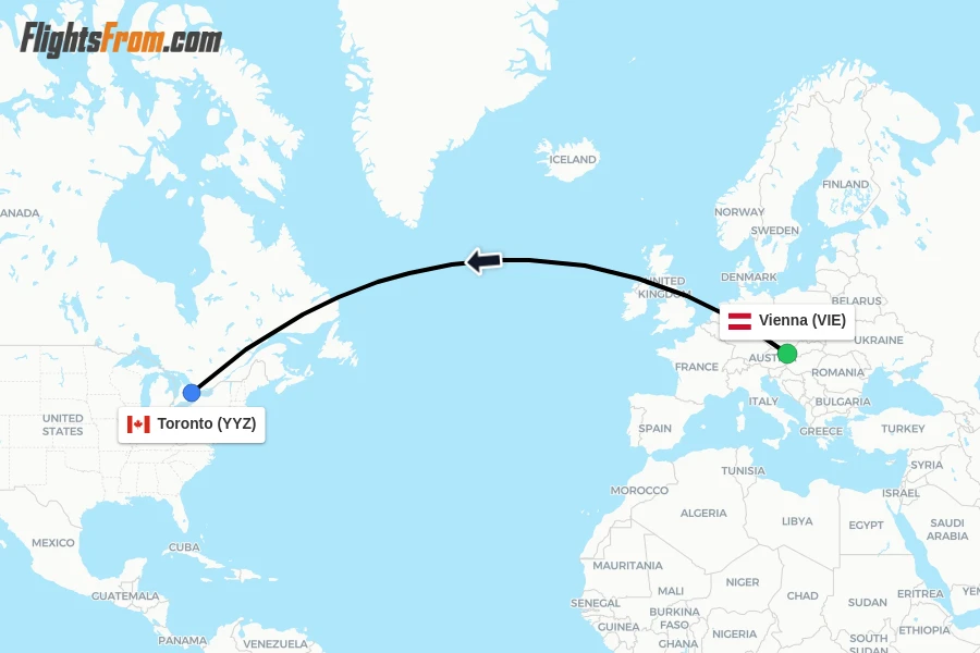 Flights from Vienna to Toronto route map