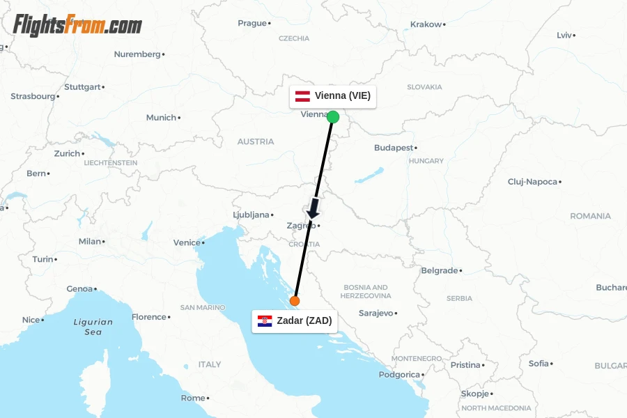 Flights from Vienna to Zadar route map