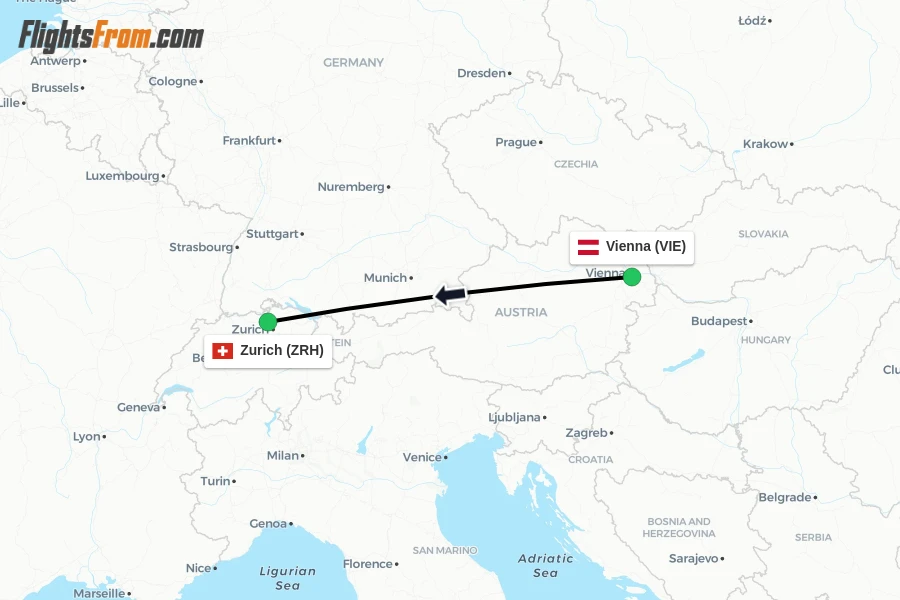 Flights from Vienna to Zurich route map