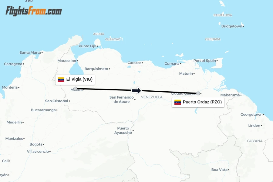 Flights from El Vigia to Puerto Ordaz route map
