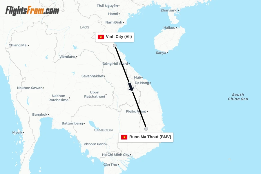 Flights from Vinh City to Buon Ma Thout route map