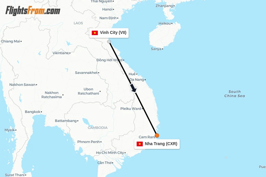 Flights from Vinh City to Nha Trang route map