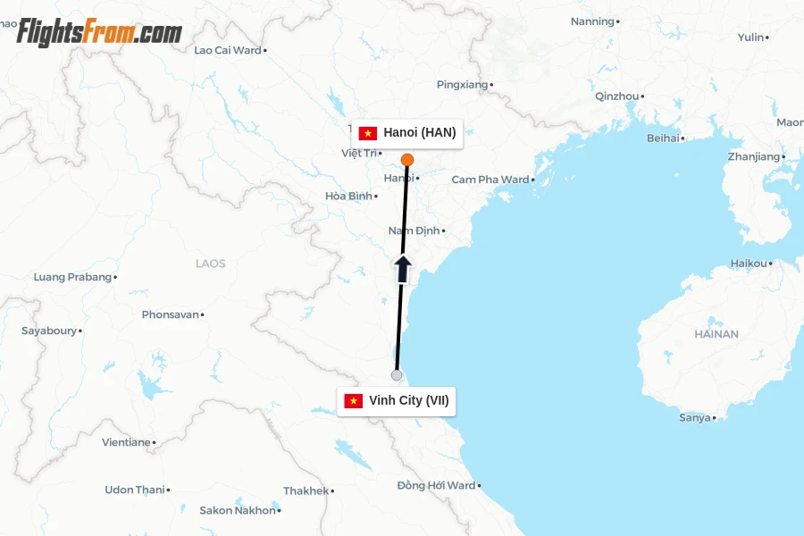 Flights from Vinh City to Hanoi route map