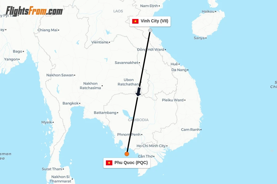 Flights from Vinh City to Phu Quoc route map
