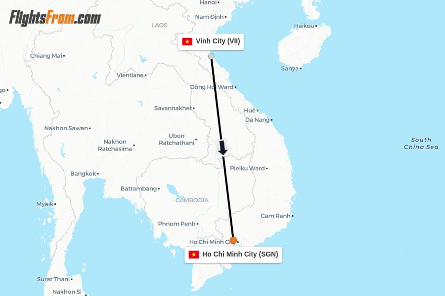 Flights from Vinh City to Ho Chi Minh City route map