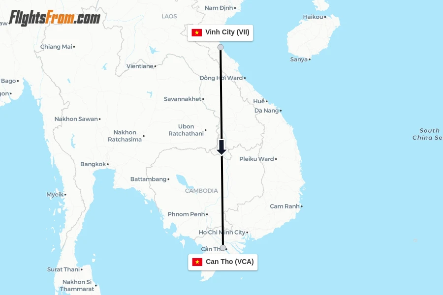 Flights from Vinh City to Can Tho route map