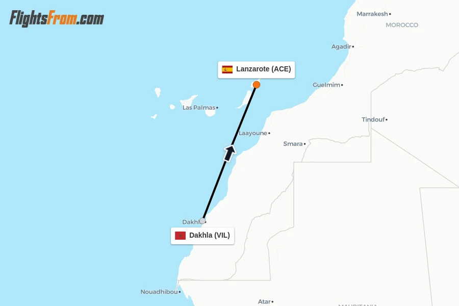 Flights from Dakhla to Lanzarote route map