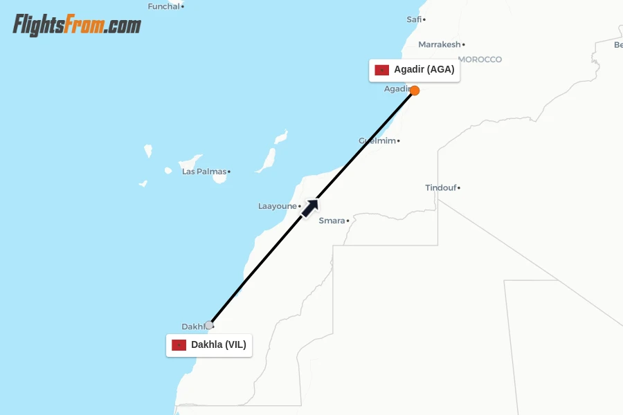 Flights from Dakhla to Agadir route map