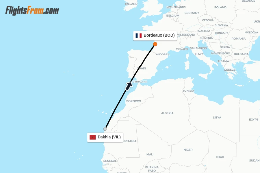 Flights from Dakhla to Bordeaux route map