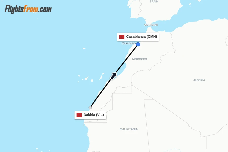 Flights from Dakhla to Casablanca route map