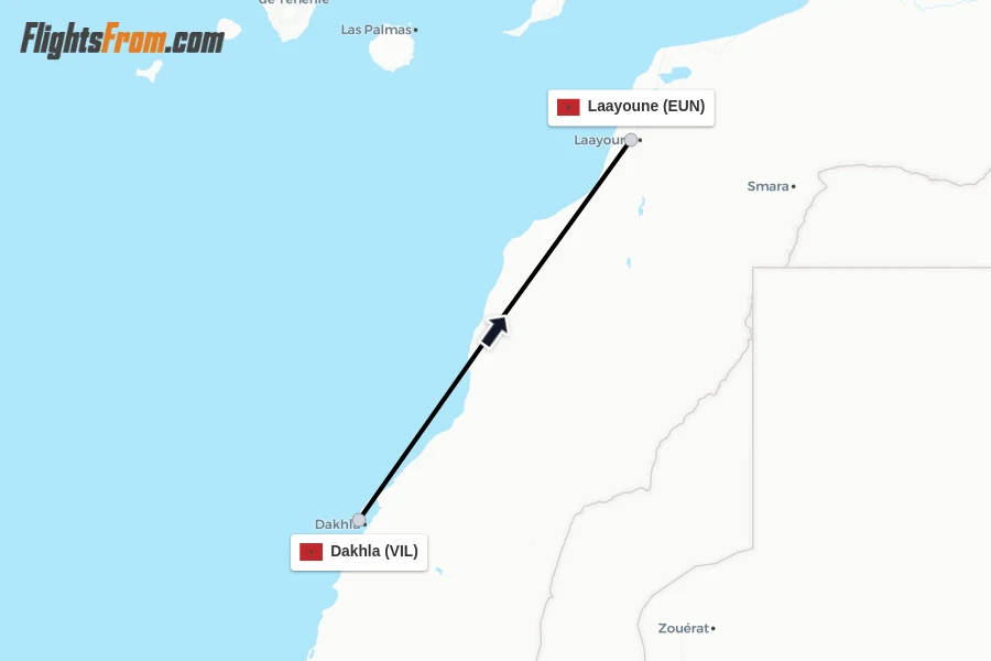 Flights from Dakhla to Laayoune route map