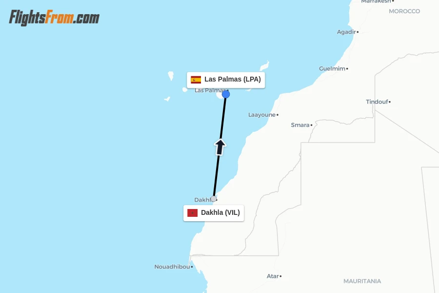 Flights from Dakhla to Las Palmas route map